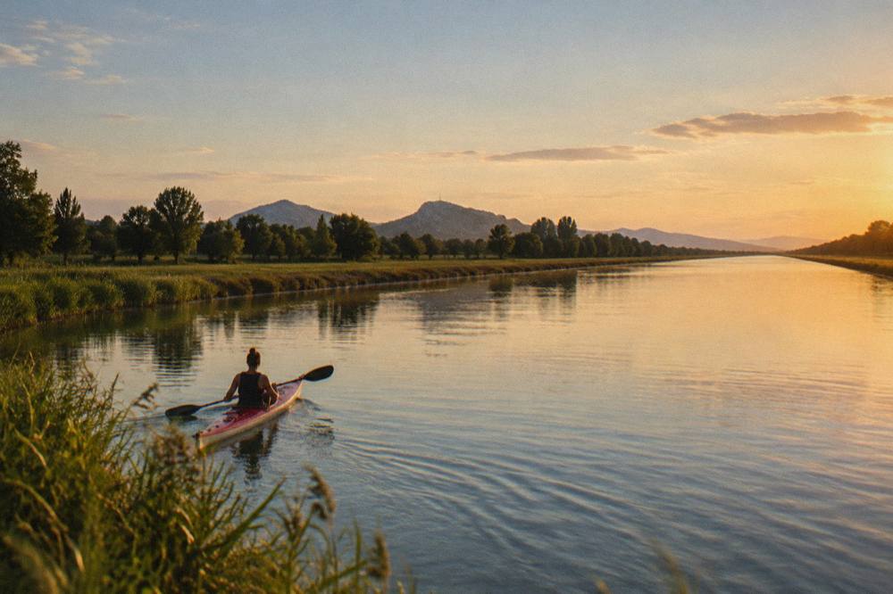 A kayak gliding near the reeds at the edge of the canal under a wide sky