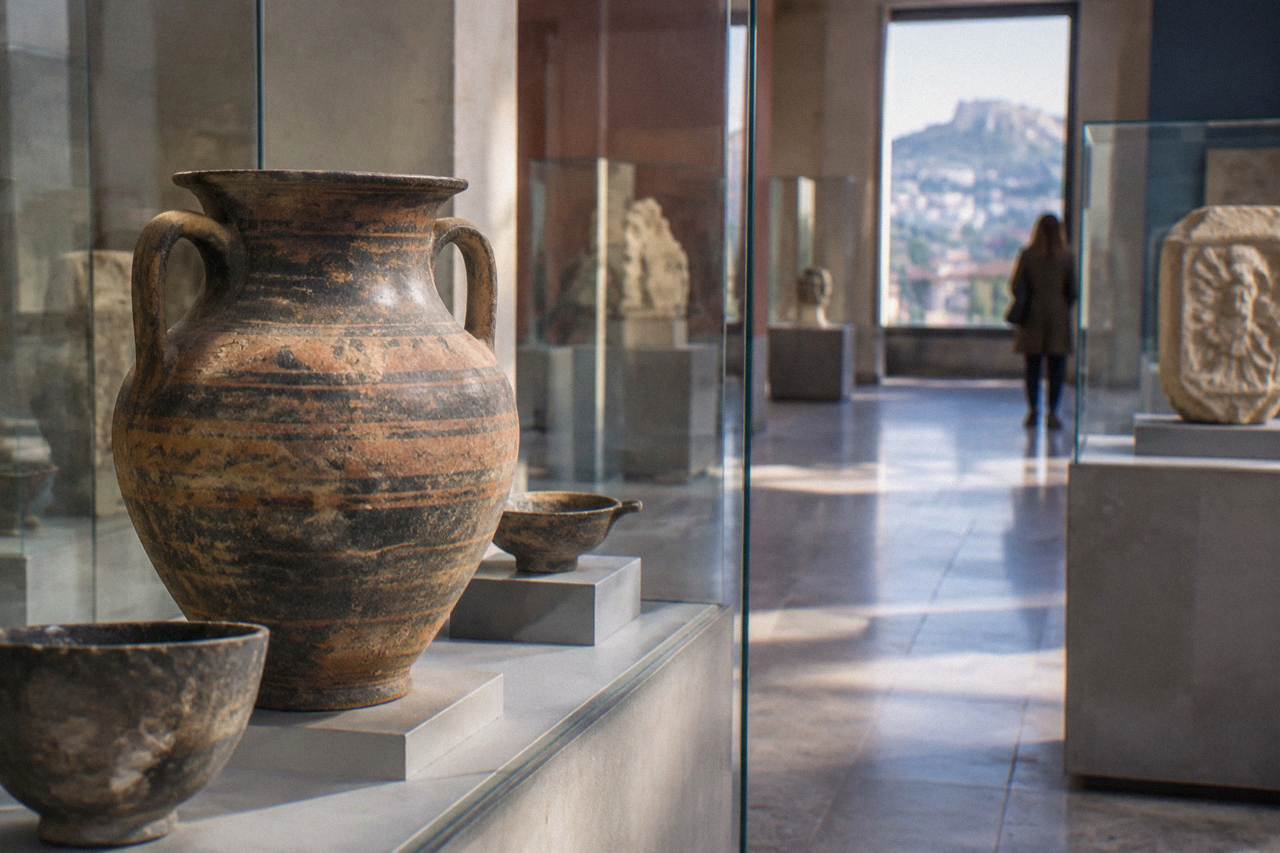 A museum gallery in Plovdiv with glass cases of ancient pottery and stone carvings