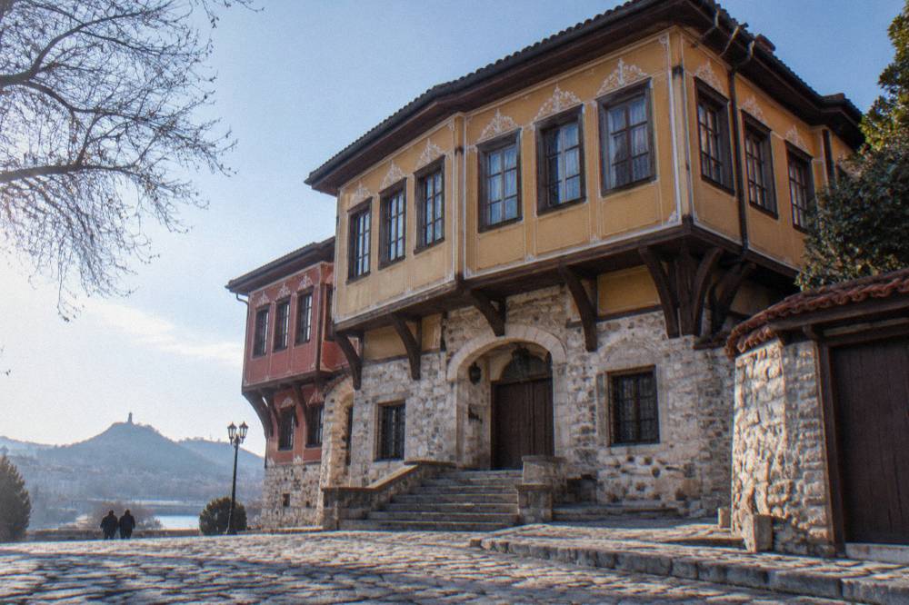 The facade of a museum building on a city square in Plovdiv on a bright day