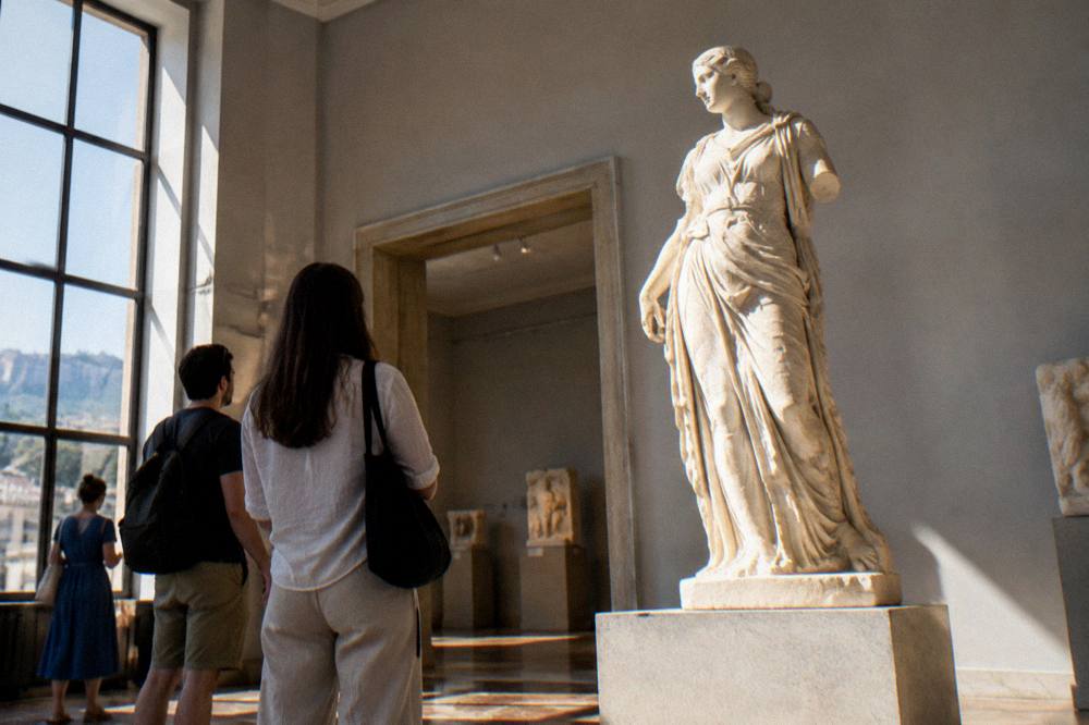 Visitors looking at a marble statue in a Plovdiv museum gallery