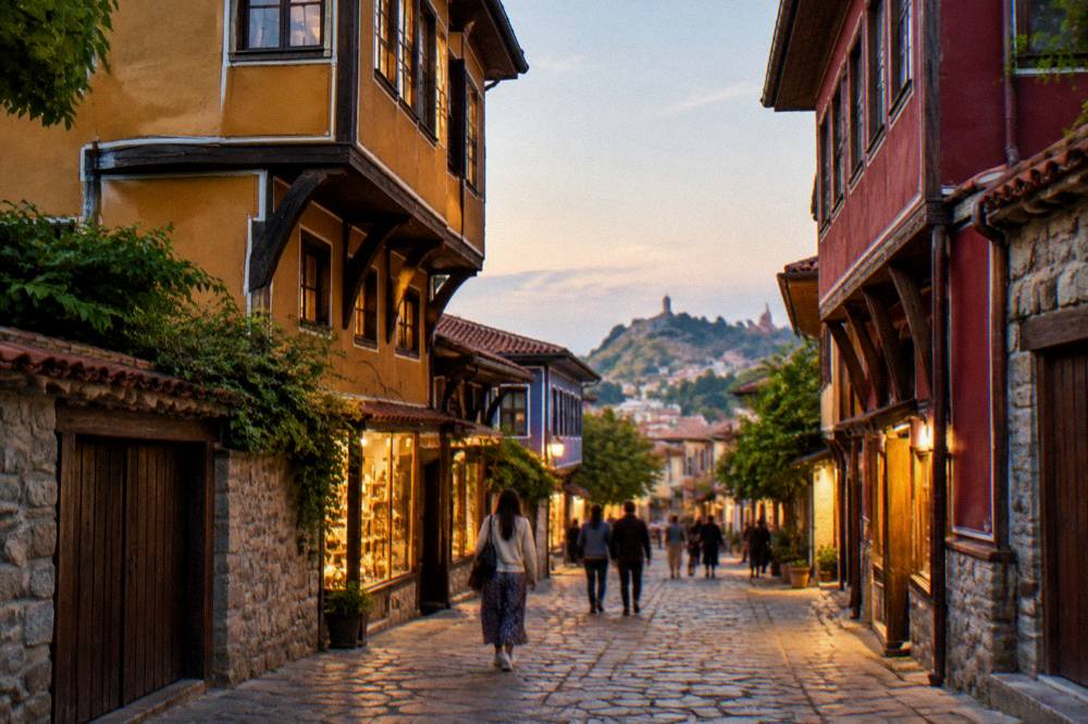 A pedestrian street in central Plovdiv at dusk with lit shopfronts and people walking