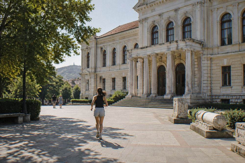 Neoclassical museum building entrance on a city square
