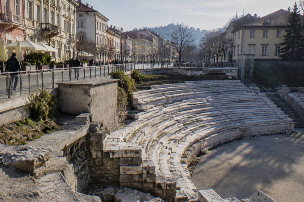 The modern pedestrian Main Street of Plovdiv running above the buried line of the ancient stadium
