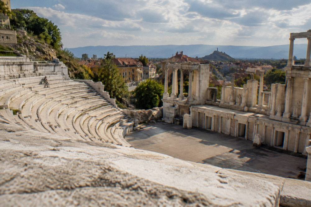Marble seating rows of the Ancient Theatre of Philippopolis seen from the stage in Plovdiv