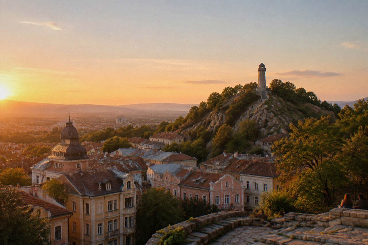 A hilltop clock tower above the rooftops of central Plovdiv at golden hour