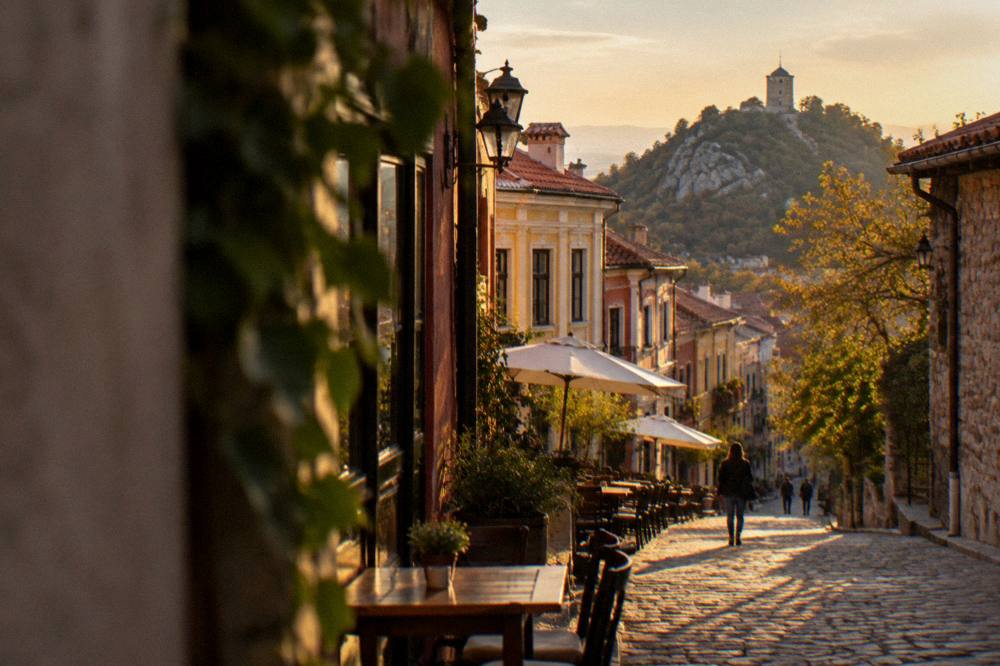 A narrow old street lined with small shops and cafe tables in a historic quarter