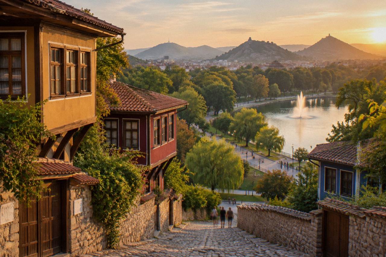 A green city park in Plovdiv with a large fountain lake, shaded walkways and people strolling in the evening