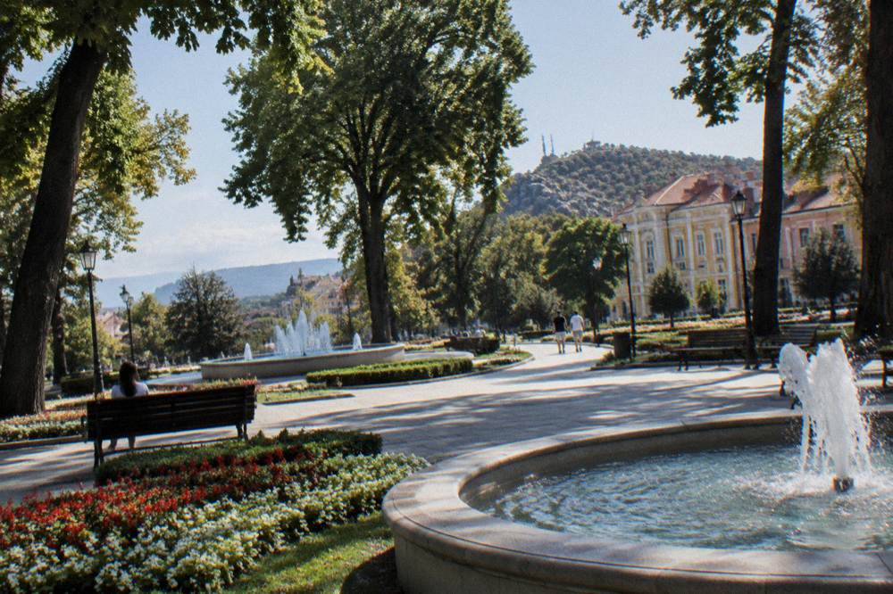Formal city garden with paths, trees and fountain basins