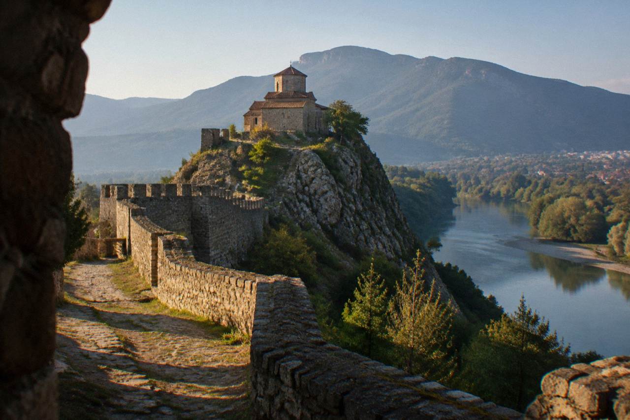A medieval stone fortress wall standing on a rocky ridge above a river valley with mountains behind