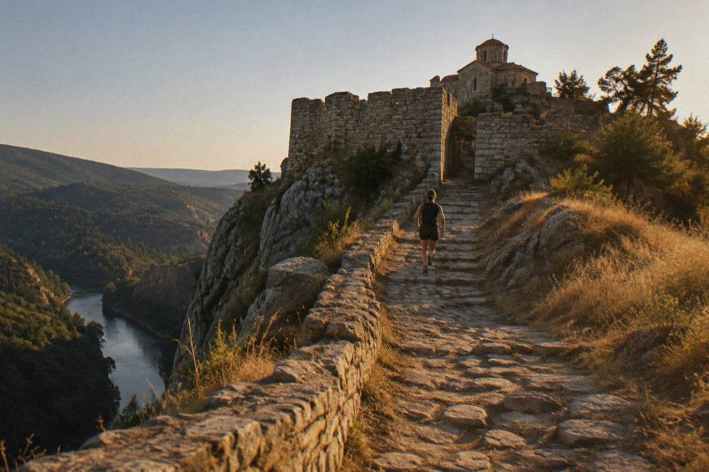 A steep stone path climbing up a rocky ridge toward a fortress wall under a clear sky