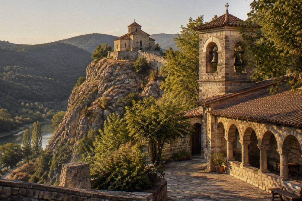 A monastery courtyard with an arched stone gallery and a bell tower in mountain woodland