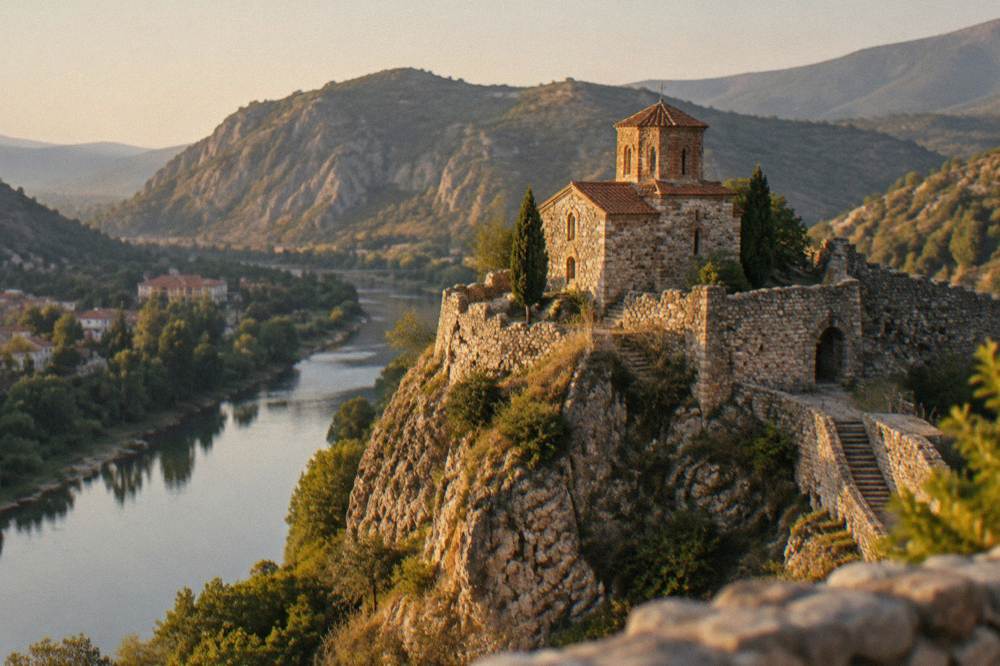 Medieval stone fortress and chapel on a rocky cliff above a river gorge