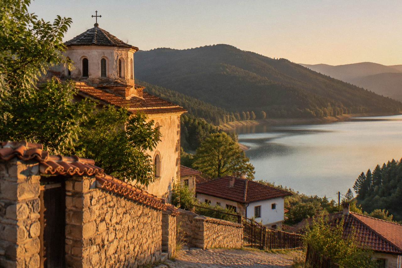 A calm reservoir surrounded by pine-covered Rhodope hills under a clear sky