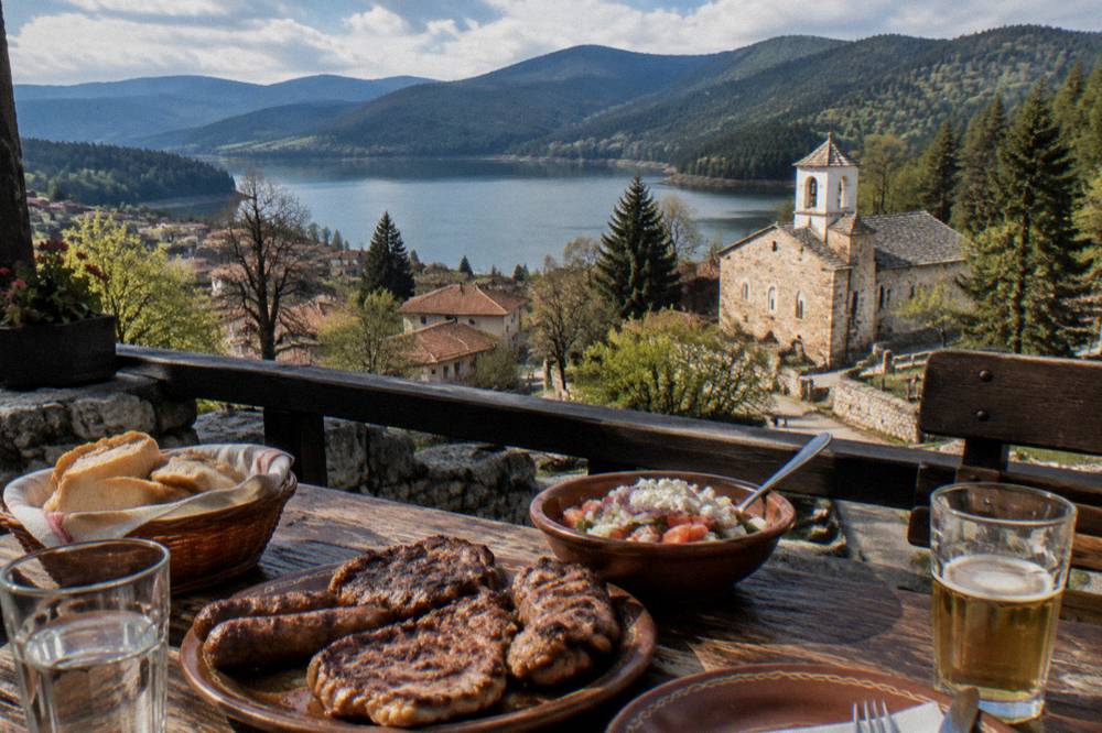 A rustic tavern table set with grilled meat, salad and bread