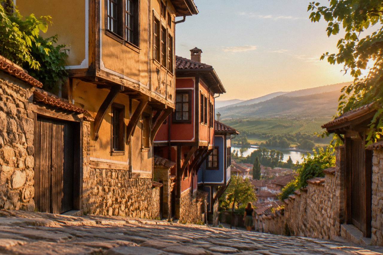 Vineyard rows on rolling hills above a village in the Thracian valley near Plovdiv