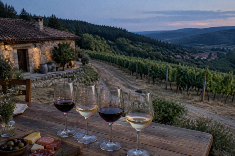 A tasting flight of red and white Bulgarian wines in glasses on a wooden cellar table