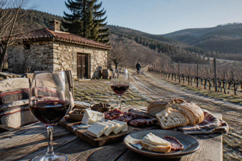 Bulgarian cheese, cured meats and bread served alongside glasses of red wine