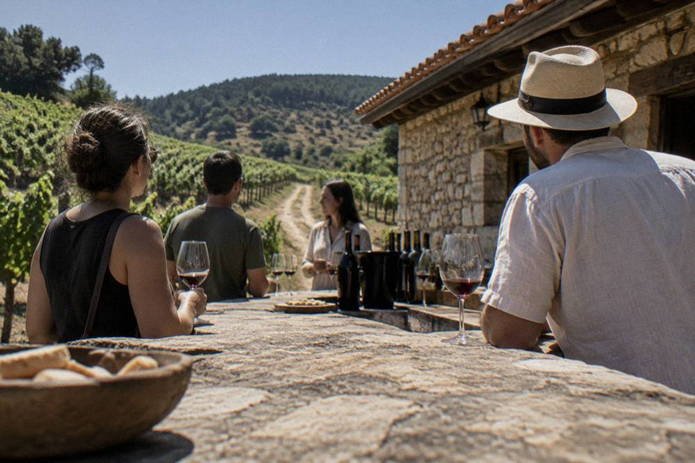 A small group standing at a cellar-bar counter during a guided wine tasting in Bulgaria