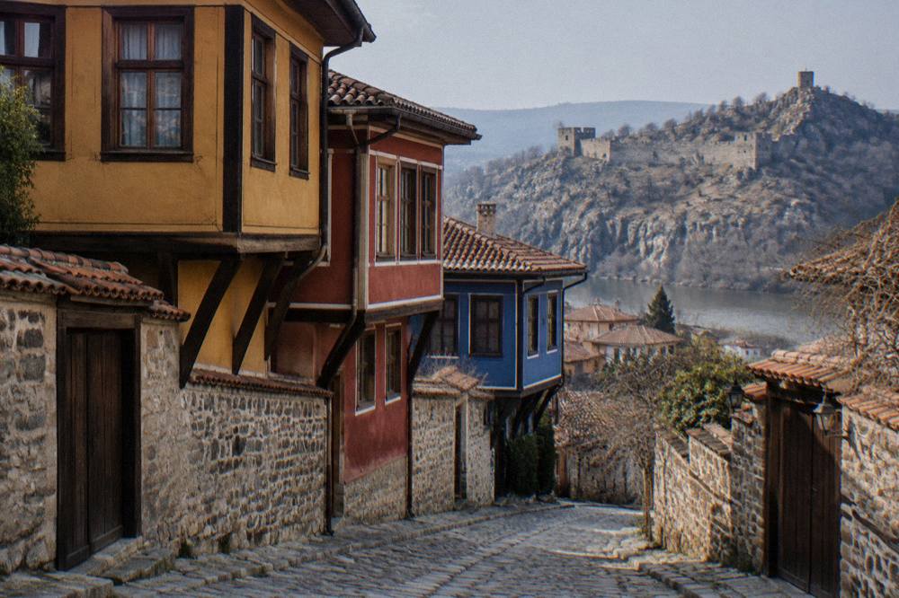 A stone fortress wall on a rocky ridge above a river gorge in the Rhodope foothills south of Plovdiv
