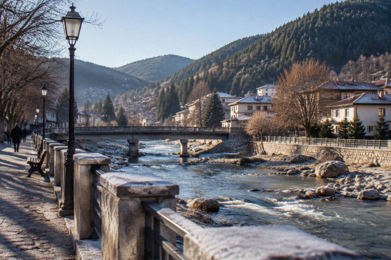 A small spa town of tiled roofs in a green Rhodope valley with forested slopes behind it