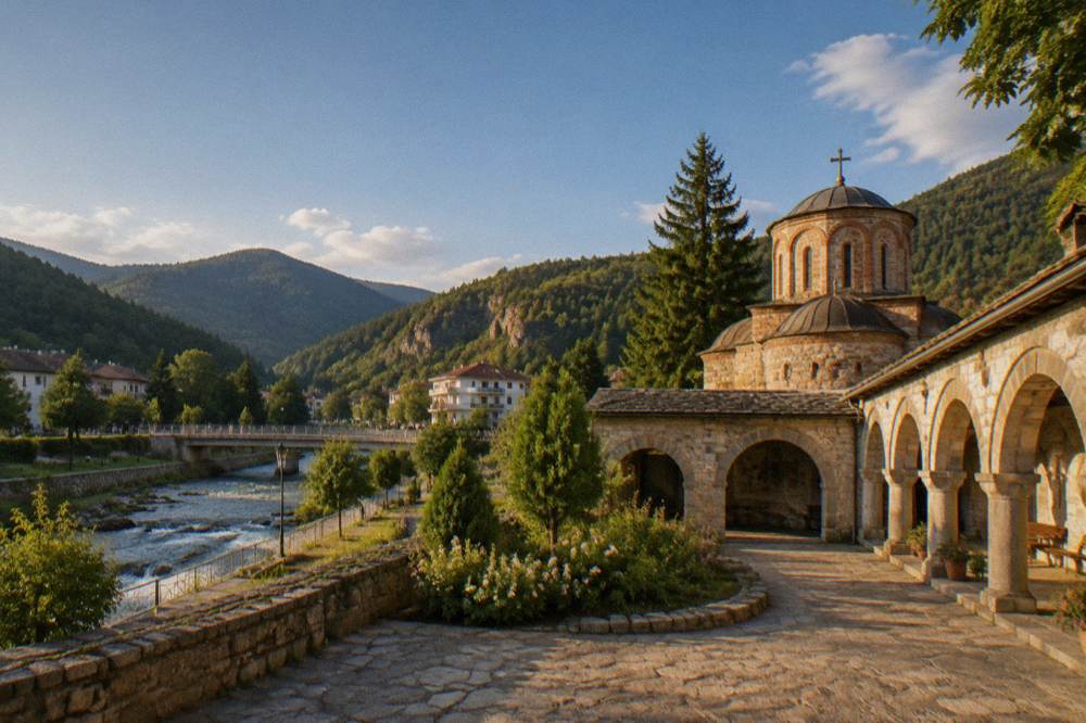 A monastery courtyard with arched stone walkways and a small domed church