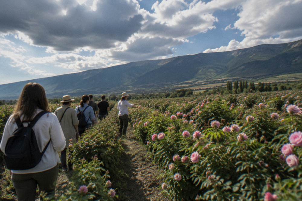 A guided group walking between rose field rows while a guide gestures toward the plants