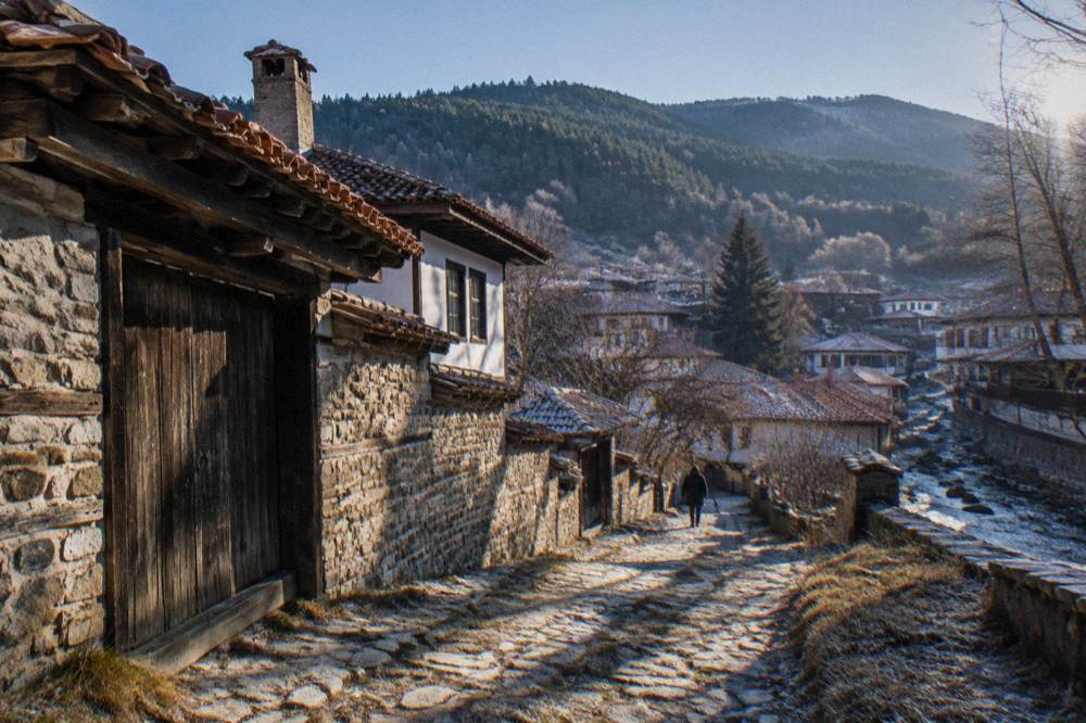 Hillside path above a town of red roofs with wooded mountains behind