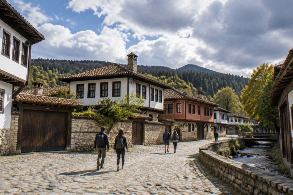 Travellers in walking shoes crossing a cobbled square between old houses