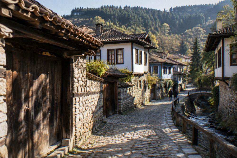 Hillside town with colourful 19th-century timber and stone houses on cobbled streets
