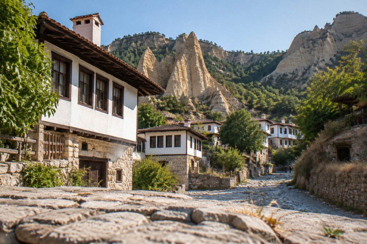 Golden sandstone pyramids rising above whitewashed houses in Melnik under a clear sky