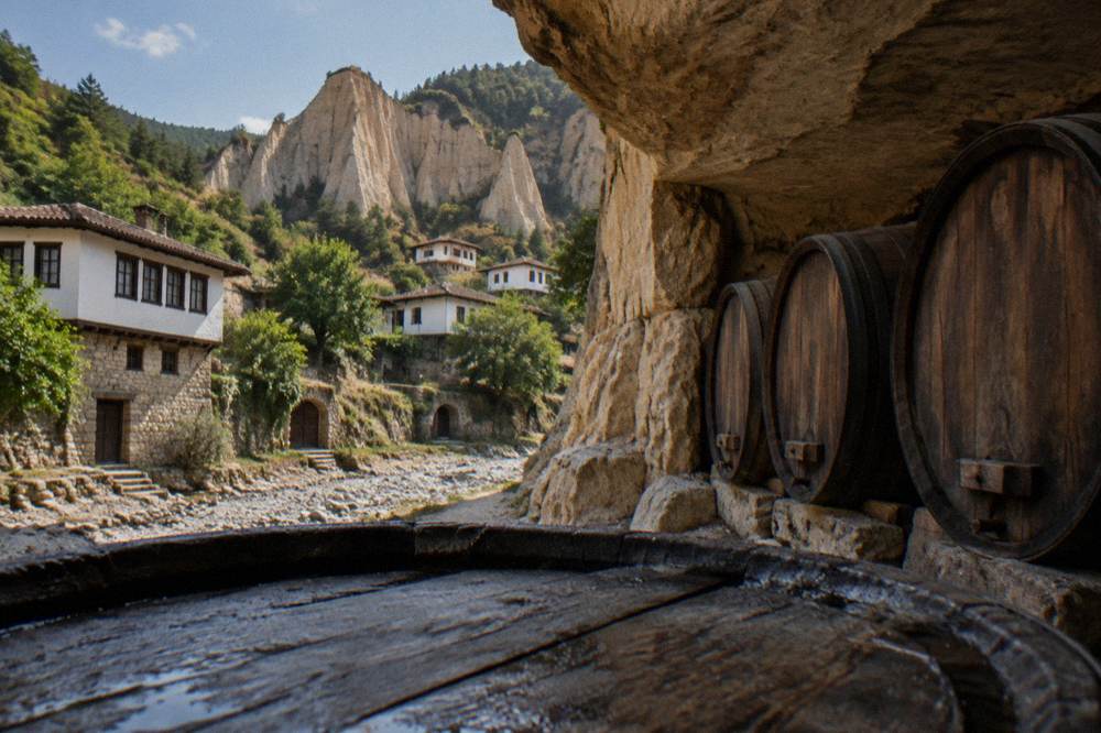 A rustic wine cellar with wooden barrels carved into sandstone rock