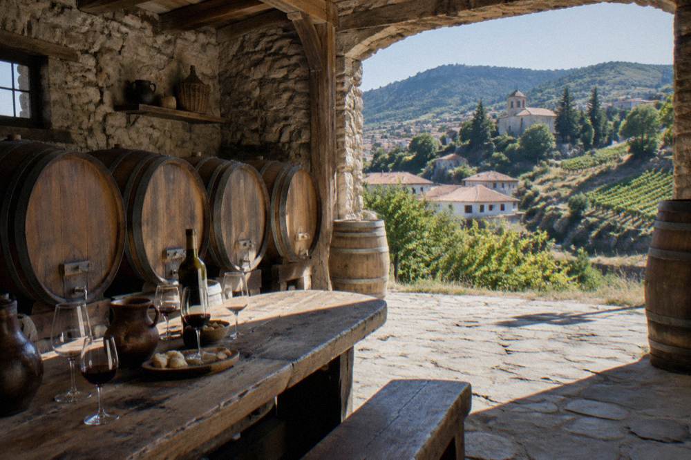 An old stone wine cellar with wooden barrels and a rustic tasting table