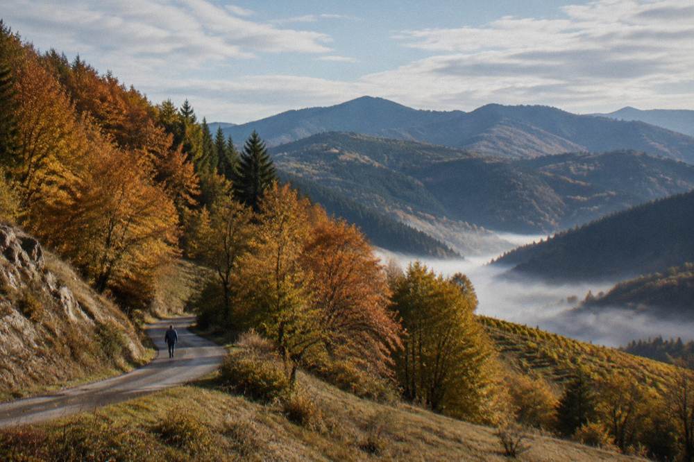 Autumn-coloured beech forest on a Rhodope hillside above morning mist