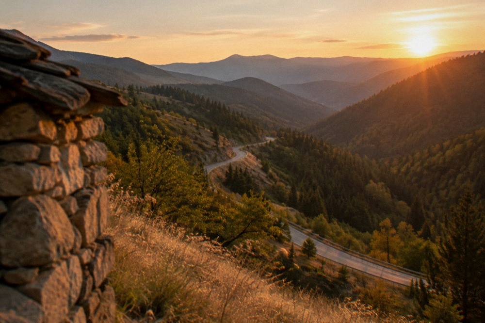 Sunset light on layered mountain ridges above a winding valley road