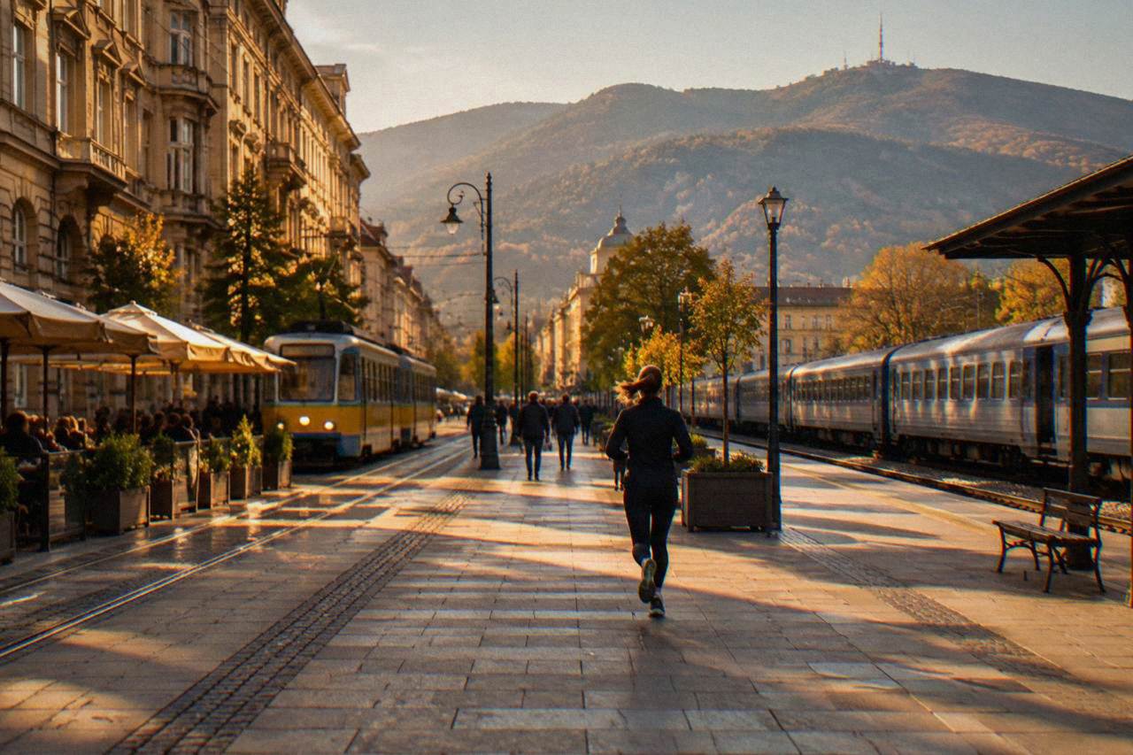 A railway platform in Bulgaria with a passenger train waiting beside the tracks