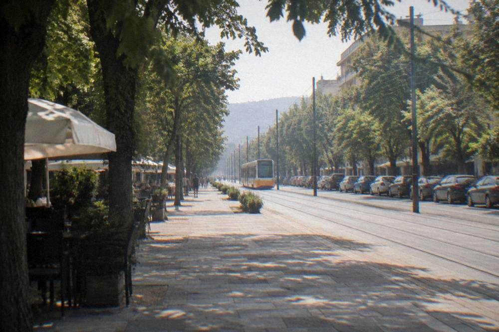 A straight tree-lined avenue in a Bulgarian city centre with parked cars and a tram line