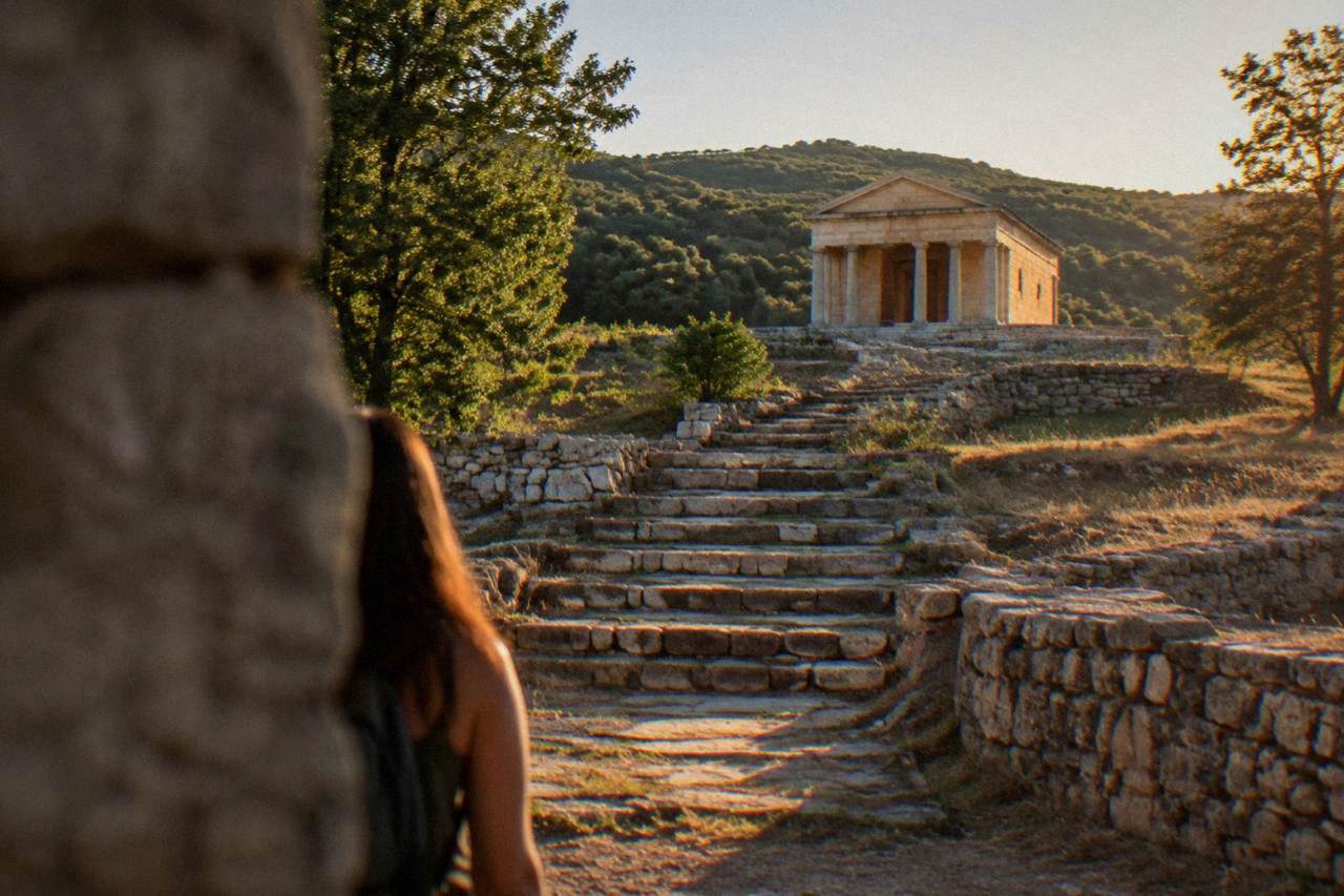A stone stairway rising toward a Thracian temple facade set in green hills