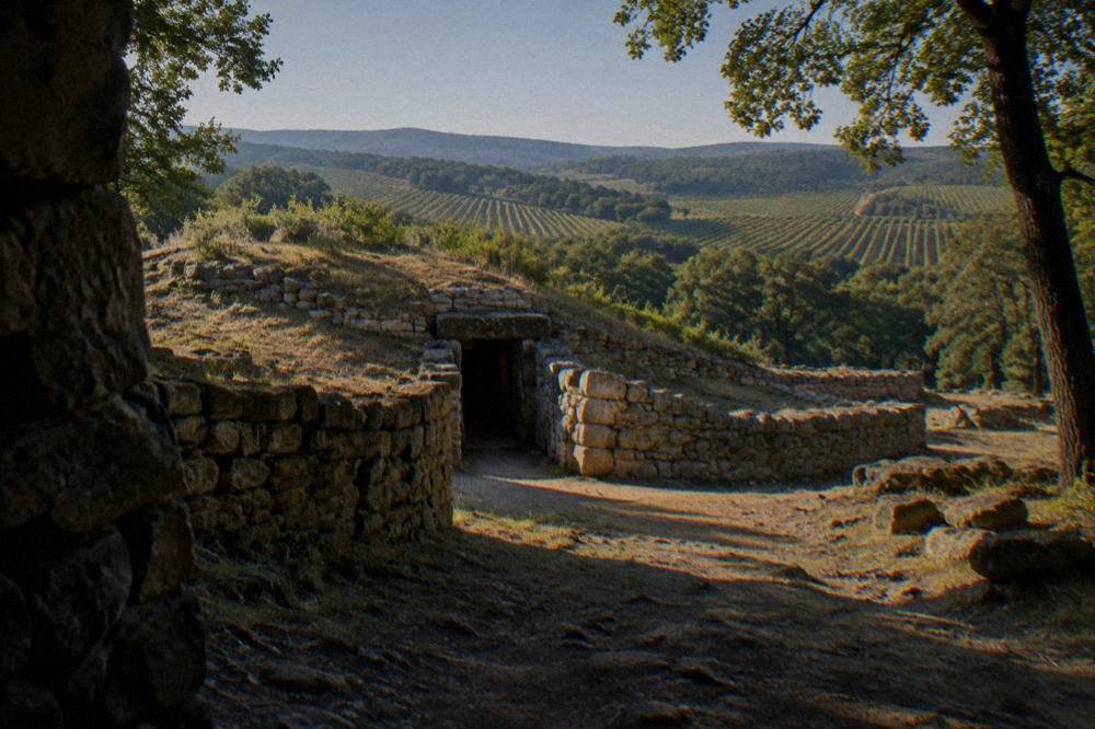 Vineyard rows running across rolling Thracian Valley hills under a clear sky