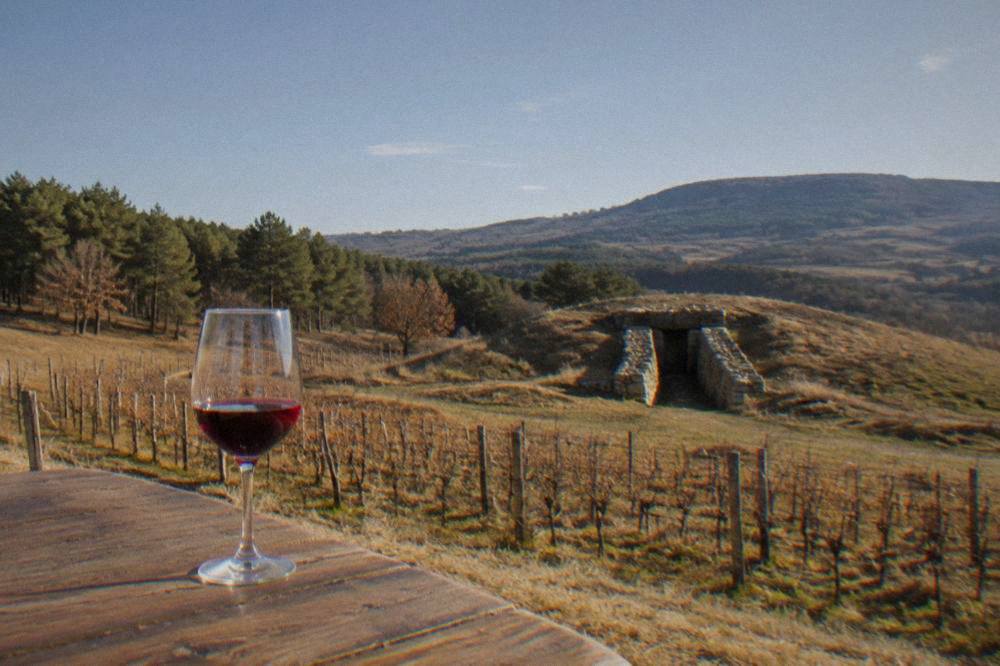 A wine glass on a wooden table with vineyards and hills behind it