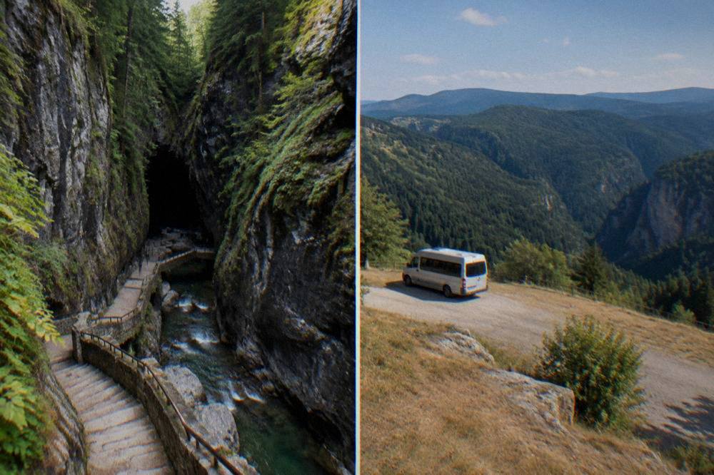 A small minibus parked at a mountain viewpoint above deep green forested ridges