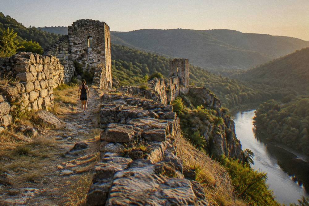 A cliff-top fortress wall above a river valley with forested ridges behind
