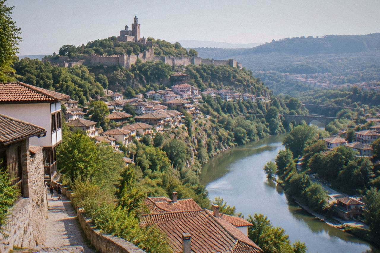 A historic Bulgarian town wrapped around a river bend with a fortress hill above the rooftops