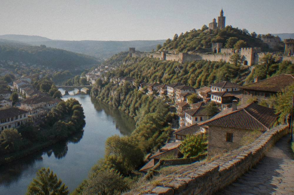 Stone fortress walls and towers on a hill high above a winding river through a town