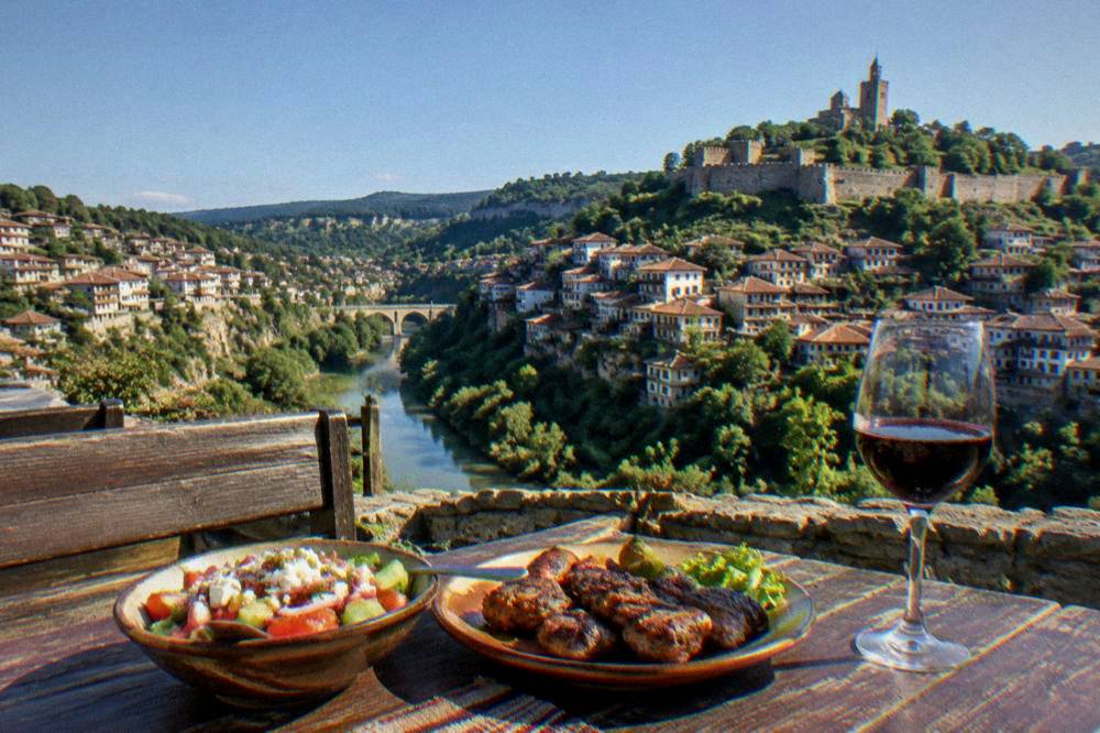 A rustic Bulgarian table with salad, grilled meat and a glass of red wine