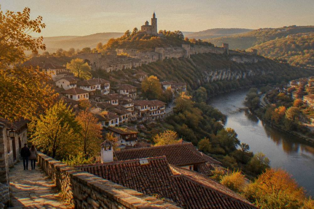 A fortress hill in autumn with golden trees above a river bend and old houses