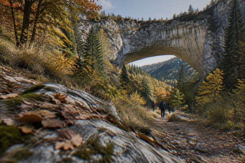Autumn colours on a mountain trail with a rock arch ahead