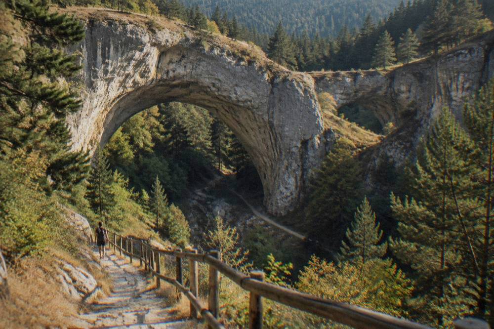A stone footpath with wooden railings descending toward a gorge