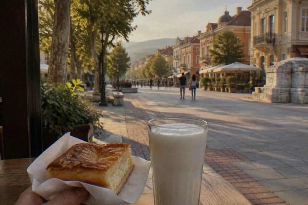 A square of cheese banitsa held in a paper napkin beside a glass of ayran