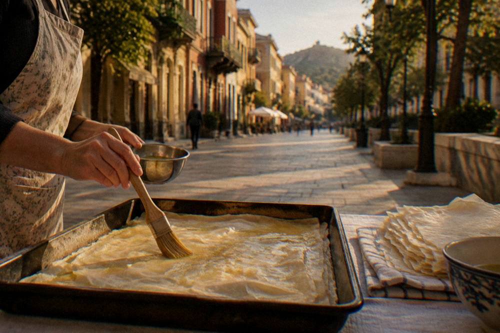 Layers of thin filo pastry being brushed with melted butter in a baking tray