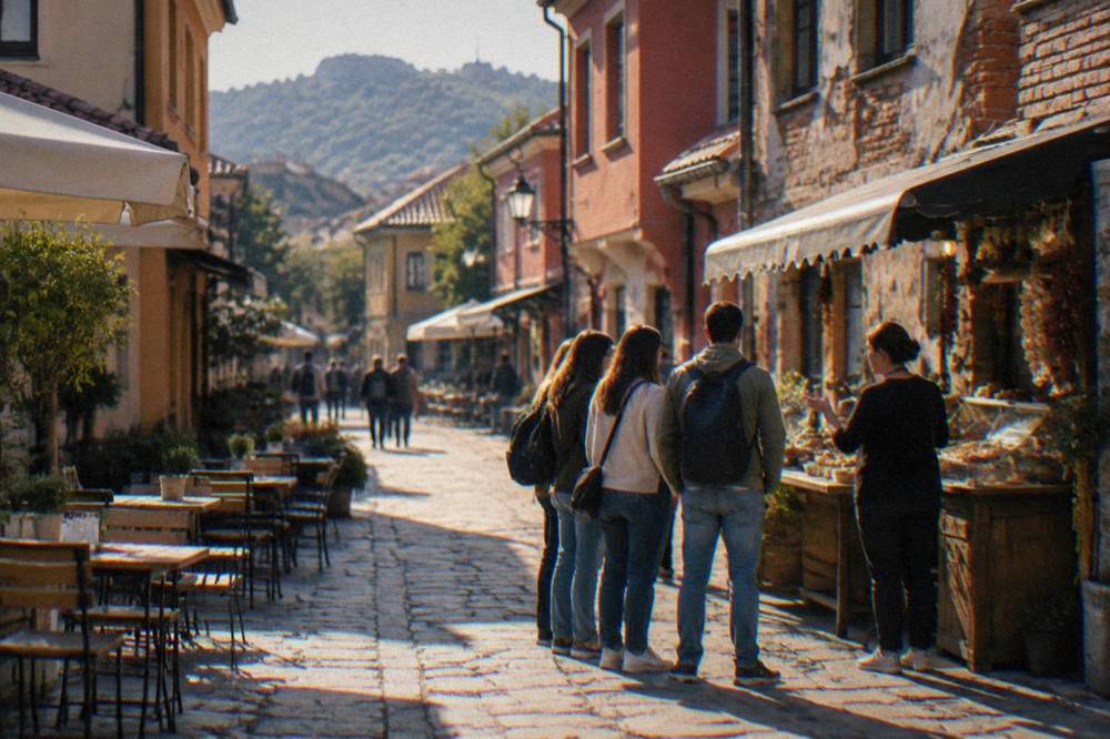 A small group standing with a guide at a food stall in a narrow Kapana street
